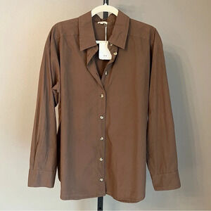 DONNI Oversized Button Down Pop Shirt Chocolate Brown Small NWT Neutral Coastal